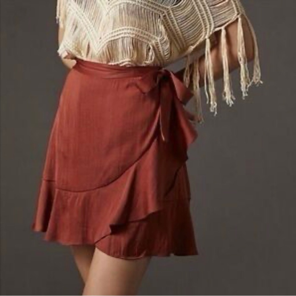 NWT $98 Anthropologie Maeve Rust Wrap Ruffle Mini Skirt - Women's Sz M Bohemian